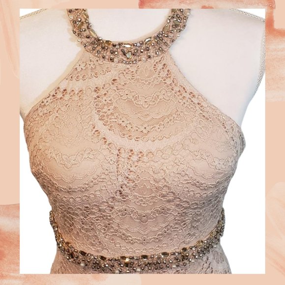 Sequin Hearts Dresses Cream Lace High Neck Full Length Formal Prom